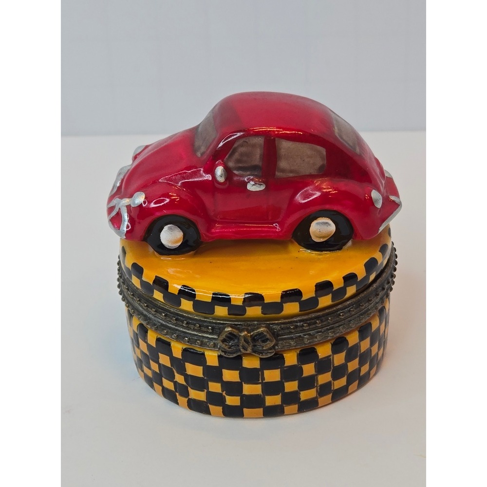 Vintage Red Beetle Car Taxi Checkered Ceramic Hinged Trinket Box 1997-2000